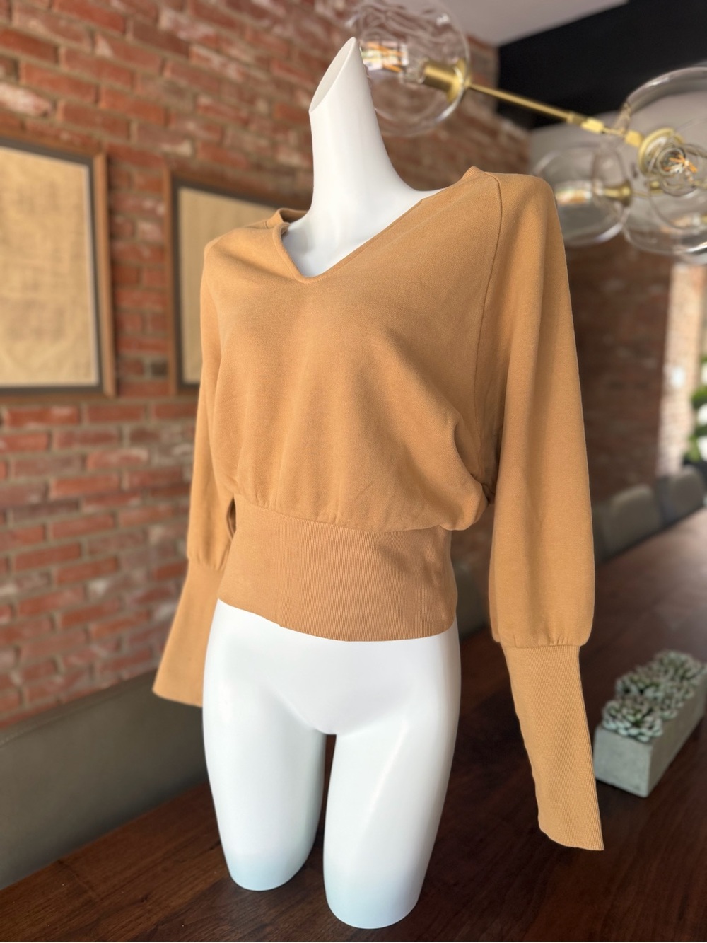 Express Cropped V-Neck Pullover Sweater in Camel